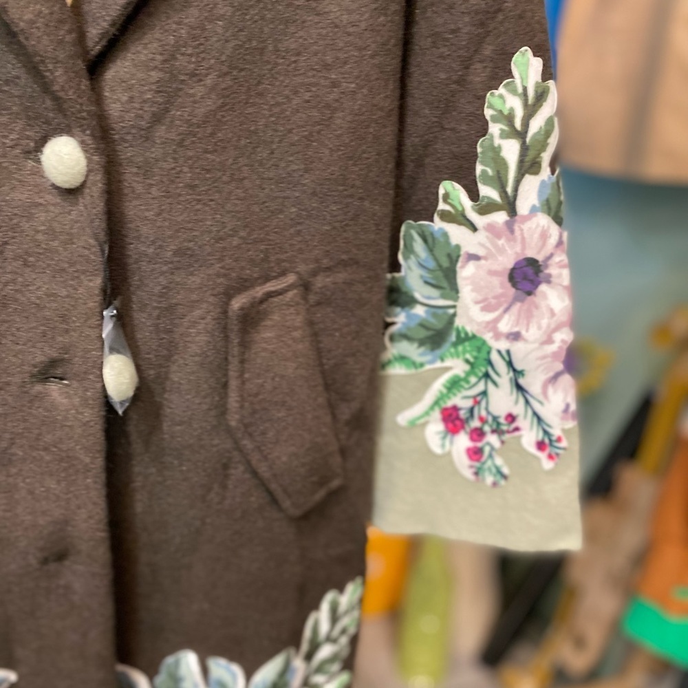 Dark Forest Green Flower Print Wool Coat - Picture 5 of 6